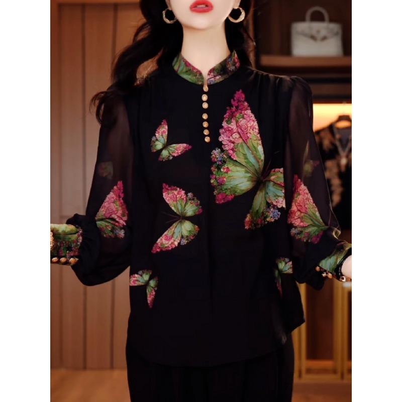 Butterflies Flying Fashion Three-dimensional Printed Western Style Shirt Women's Autumn Stand Long Sleeve Top Versatile