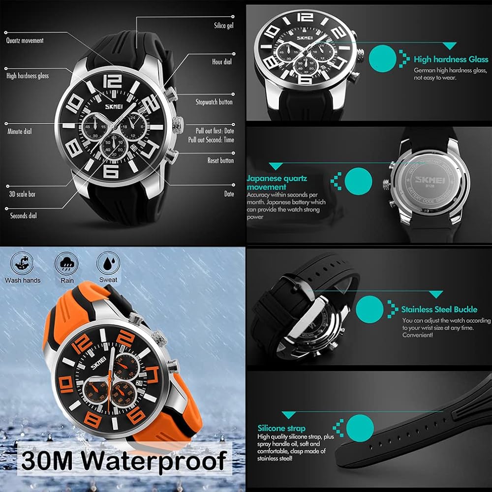Men's Big Face Analog Chronograph Watch Orange Silicone Waterproof Casual Sports