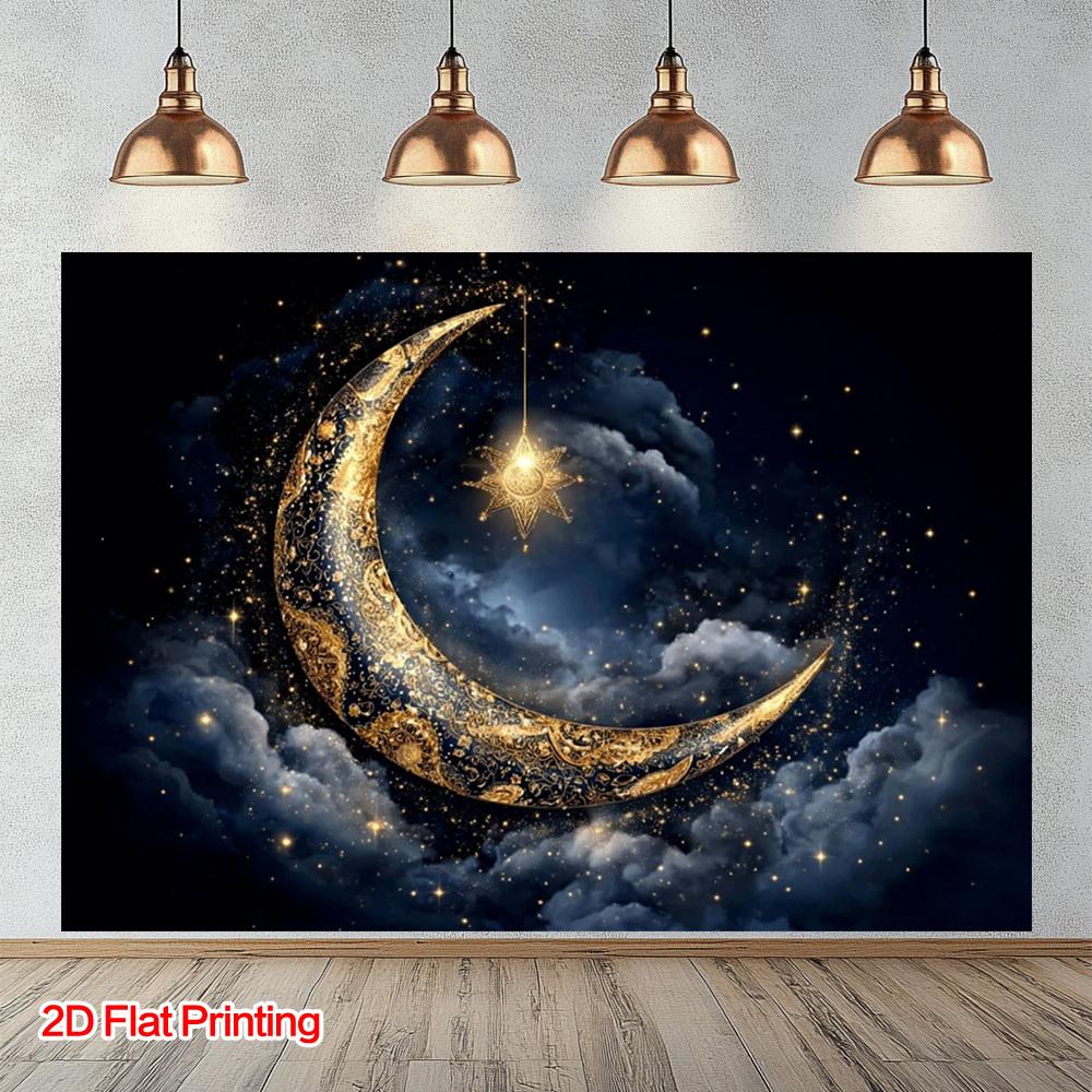 2D plane, 1 piece of mysterious crescent moon - Night sky photography background with crescent moon and stars, polyester fabric (as the picture,130x150cm)