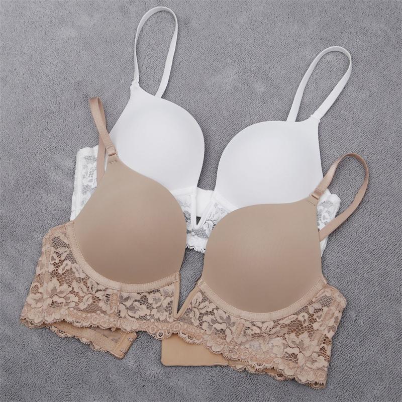 French Sexy Bra Deep V Seamless Underwear Women Lace Embroidery Push Up Bras Summer Detachable Strap Backless Brassiere