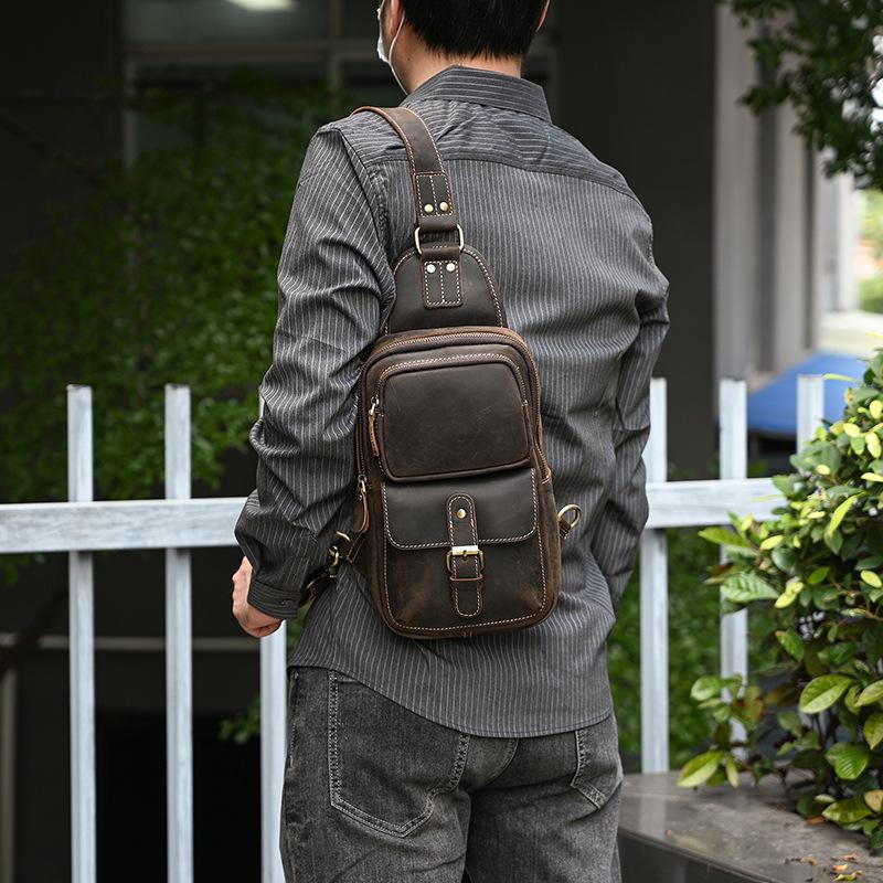 Vintage Crazy Horse Cowhide Leather Mens Chest Bag Retro Sports Casual Crossbody Sling Shoulder Bag Lightweight Outdoor Daily Bag for Men