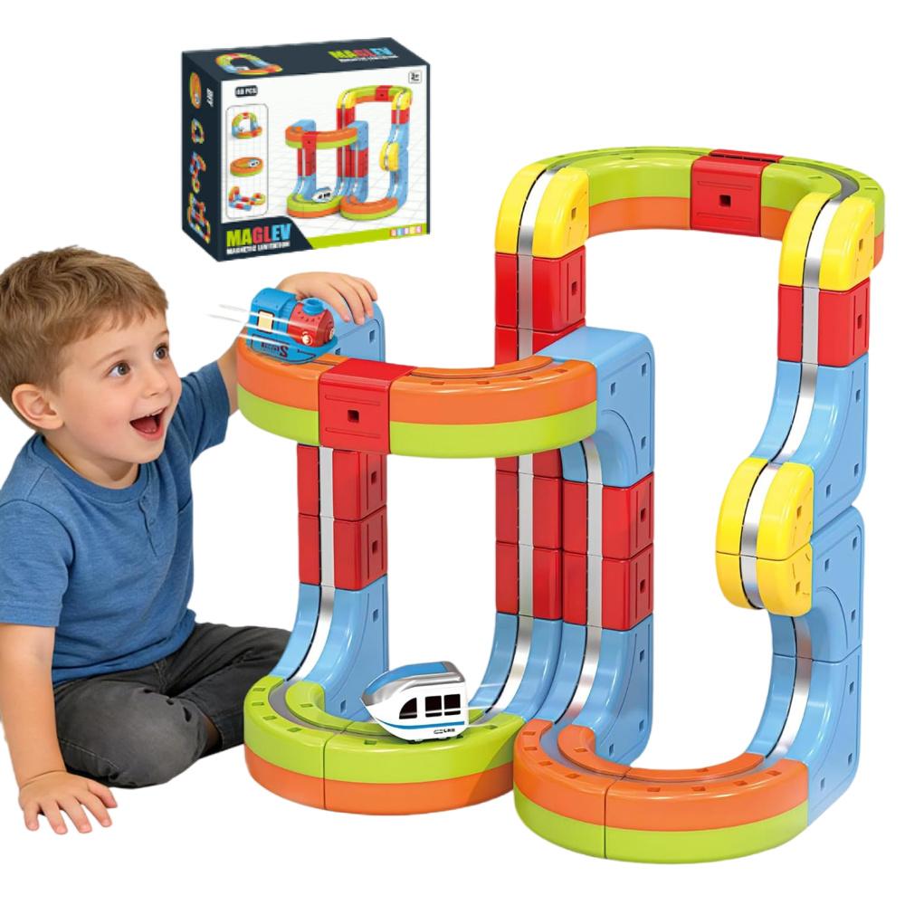 Magnetic Electric Train Set with Track Fusion, STEM Montessori DIY Building Race Toy for Kids, Christmas & Birthday Gift for Boy