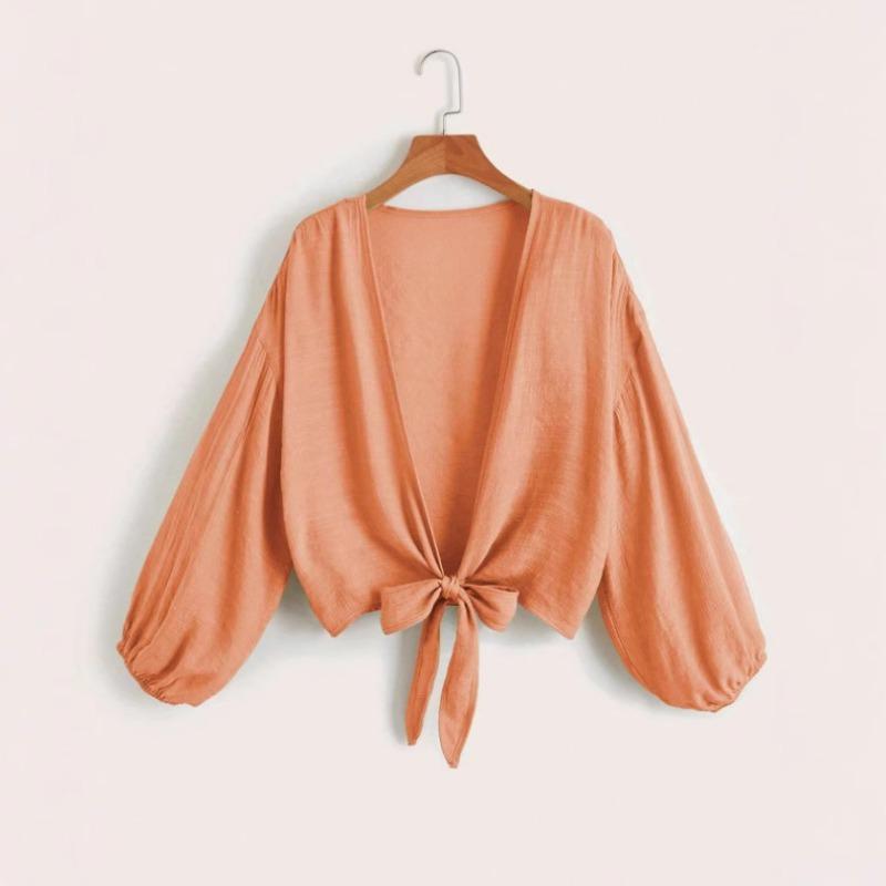 Women's Beige Sheer Puff Sleeve Tie Front Crop Top Deep V Neck Beach Cover Up Blouse
