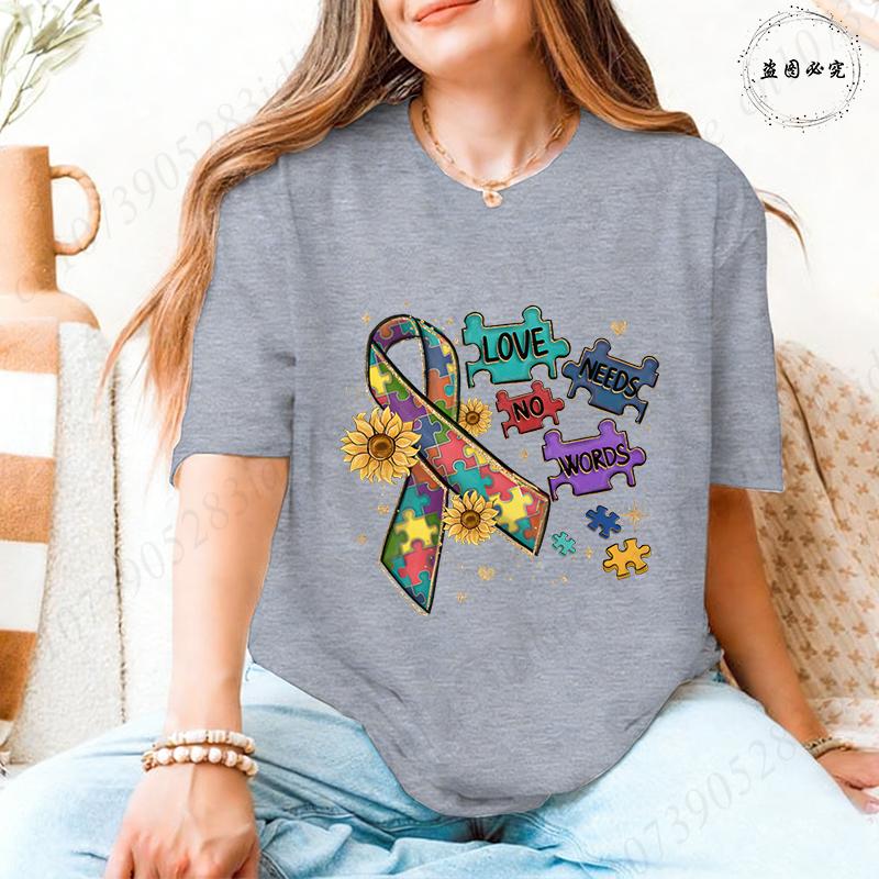 Autism Awareness Women Top Love Needs No Words Puzzle Graphic Tshirts O Neck Short Sleeve Summer Oversized FeUnisex Clothes