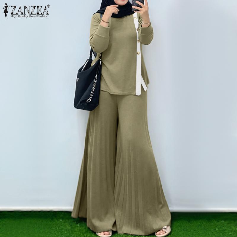 ZANZEA Blusa de Manga Larga para Mujer y Pantalones de Pierna Ancha Conjuntos Casuales de Dos Piezas