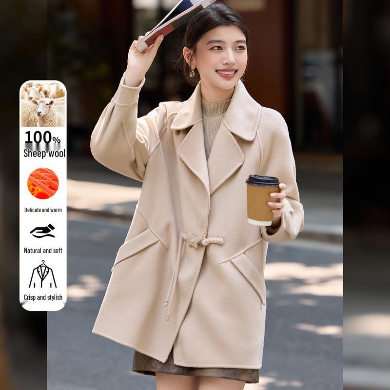 Damski dwustronny płaszcz Bailuyu z 100% wełny, średniej długości, z klapami