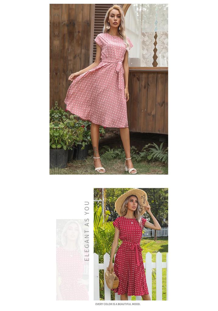 European & American Summer Polka Dot Mid-length Retro Dress with Tie-Up Pleated Short Sleeves