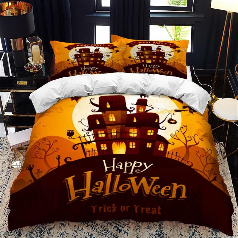 Halloween Duvet Cover King Microfiber Medieval Haunted Castle With Garden Pumpkins Dark Clouds Scary Nights Print Bedding Set