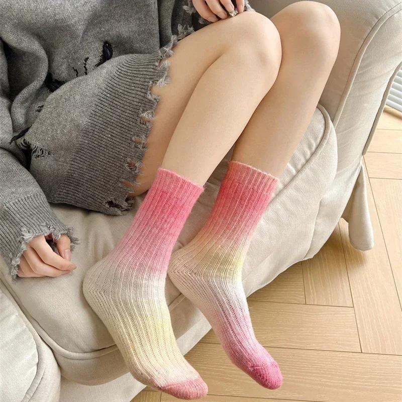 Winter Thick Warm Long Socks Gradient Wool Cashmere Kawaii Socks Women Thermal Floor Sleeping Socks New Year Gift Autumn 2025New
