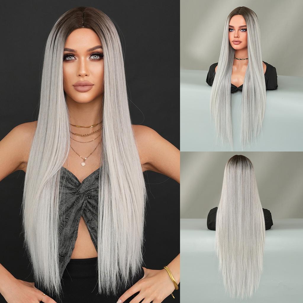Women’s Extra Long Straight Blonde Wig Middle Part Nordic Ombre Color European and American Style Synthetic Full Wig