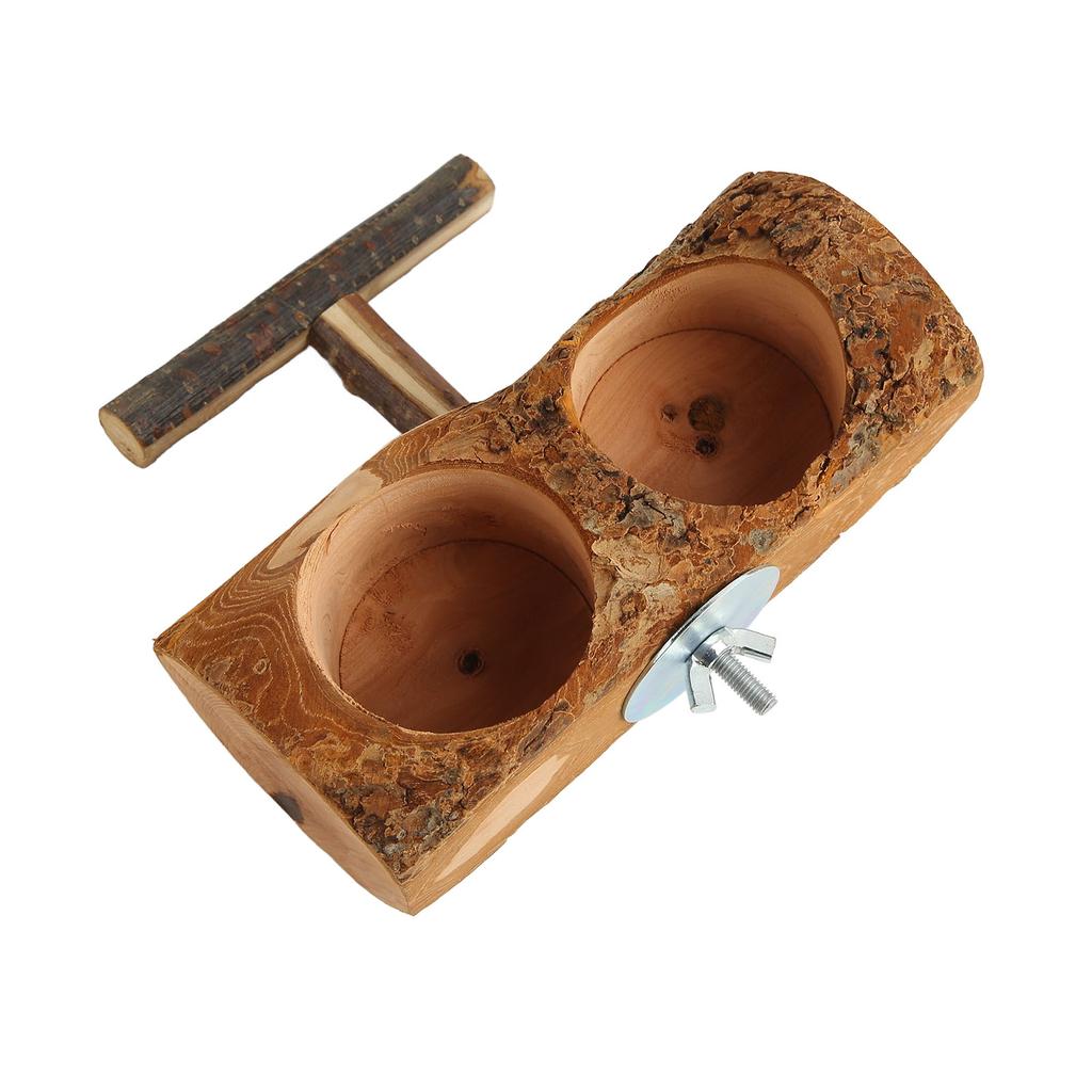 Wooden Parrot Cage Feeder Cups Natural Double Bowl Bird Feeding Watering Dish Cups with Stick