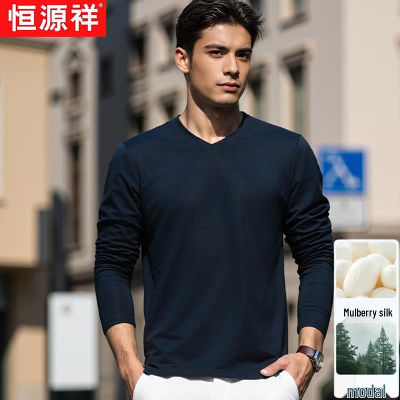 Men's Mulberry Silk Blend V-Neck Long-Sleeve T-Shirt