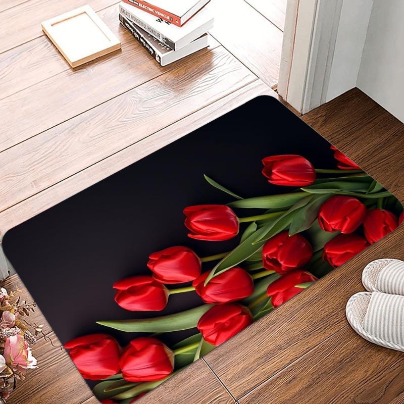 Very Beautiful Red Tulip Printing Non-Slip Small Rug Waterproof Easy Clean Floor Mat for Indoor Outdoor Use Durable Home Decor