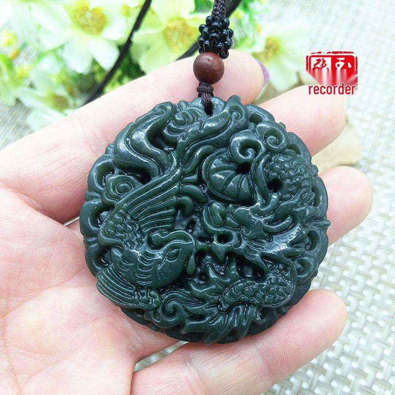 Natural Hetian Jade Dragon and Phoenix Pendant Necklace - Auspicious Dragon and Phoenix Design