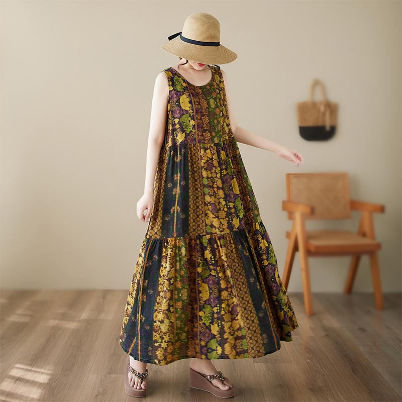 DIMANAF Plus Size Dress Summer Women Vintage Linen Elegant Style Sleeveless Floral Loose New Long Dress 8020