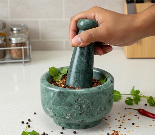 KLEO 5" Diameter Natural Stone Marble Mortar and Pestle Set Spice Grinder, Medicine Masher (Green)