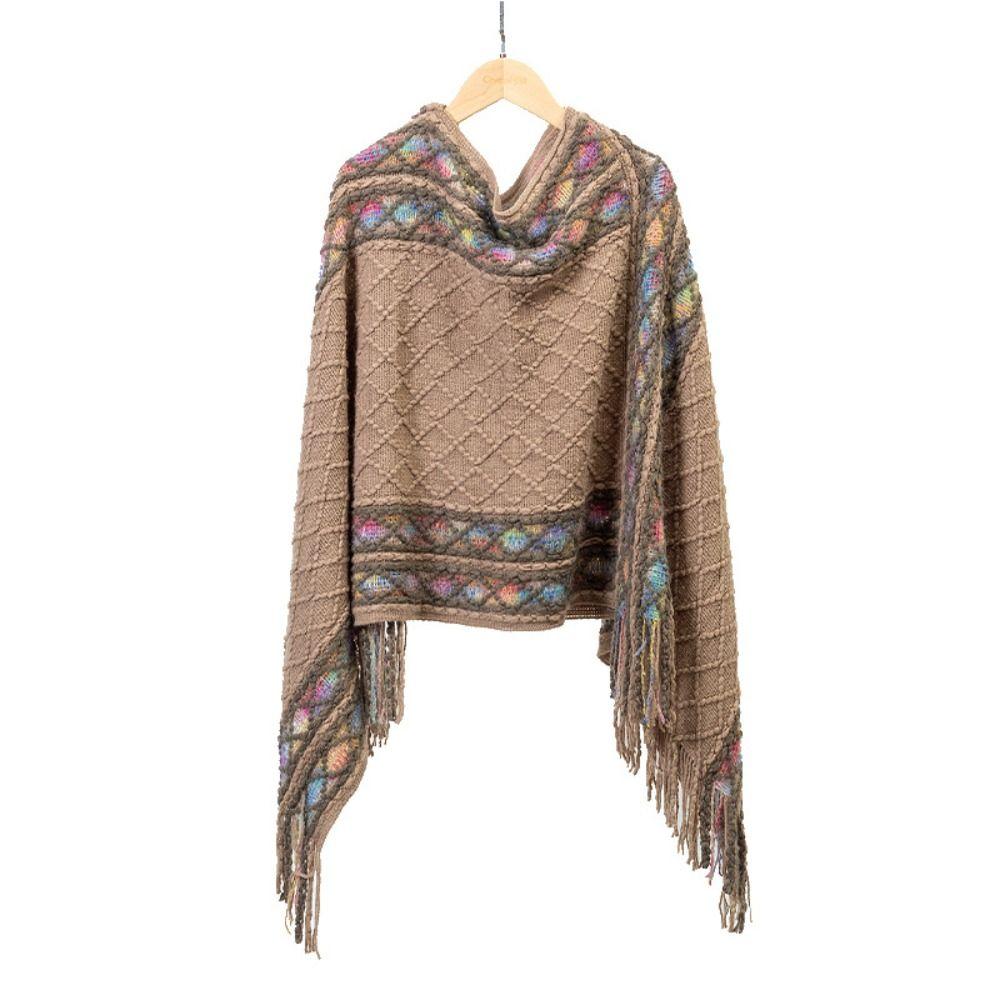 Stripe Knitted Cape Printing Tassel Scarves Simple Ethnic Style Scarf  Autumn Winter