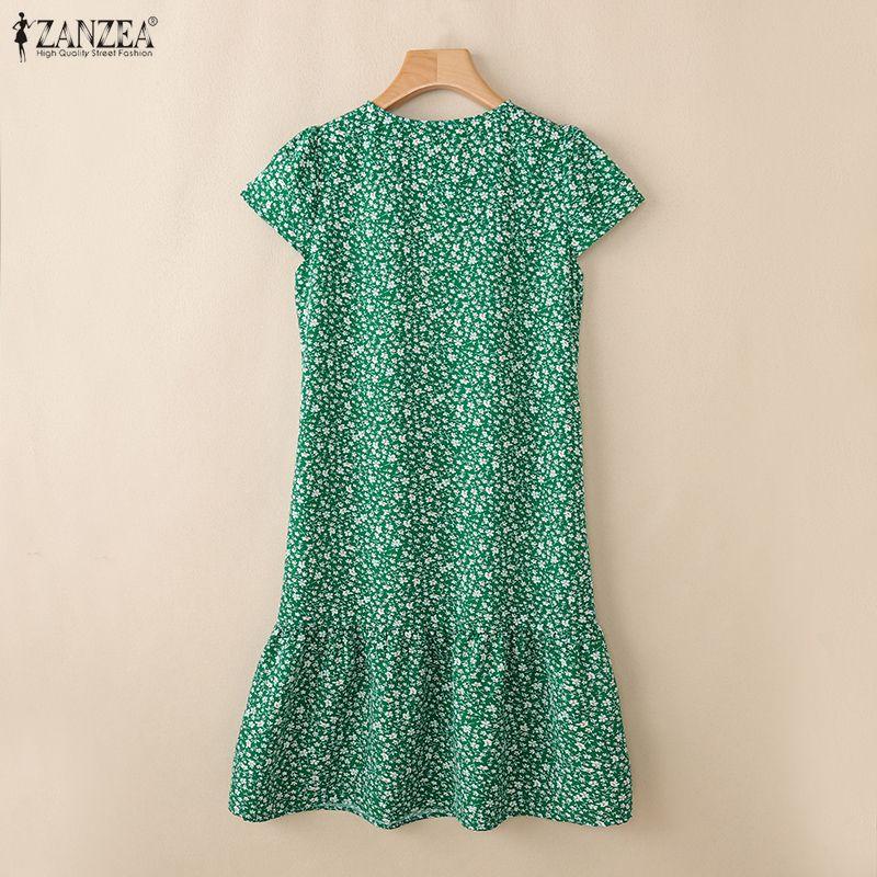 ZANZEA Women Casual V-Neck Floral Print Short Sleeve Dress