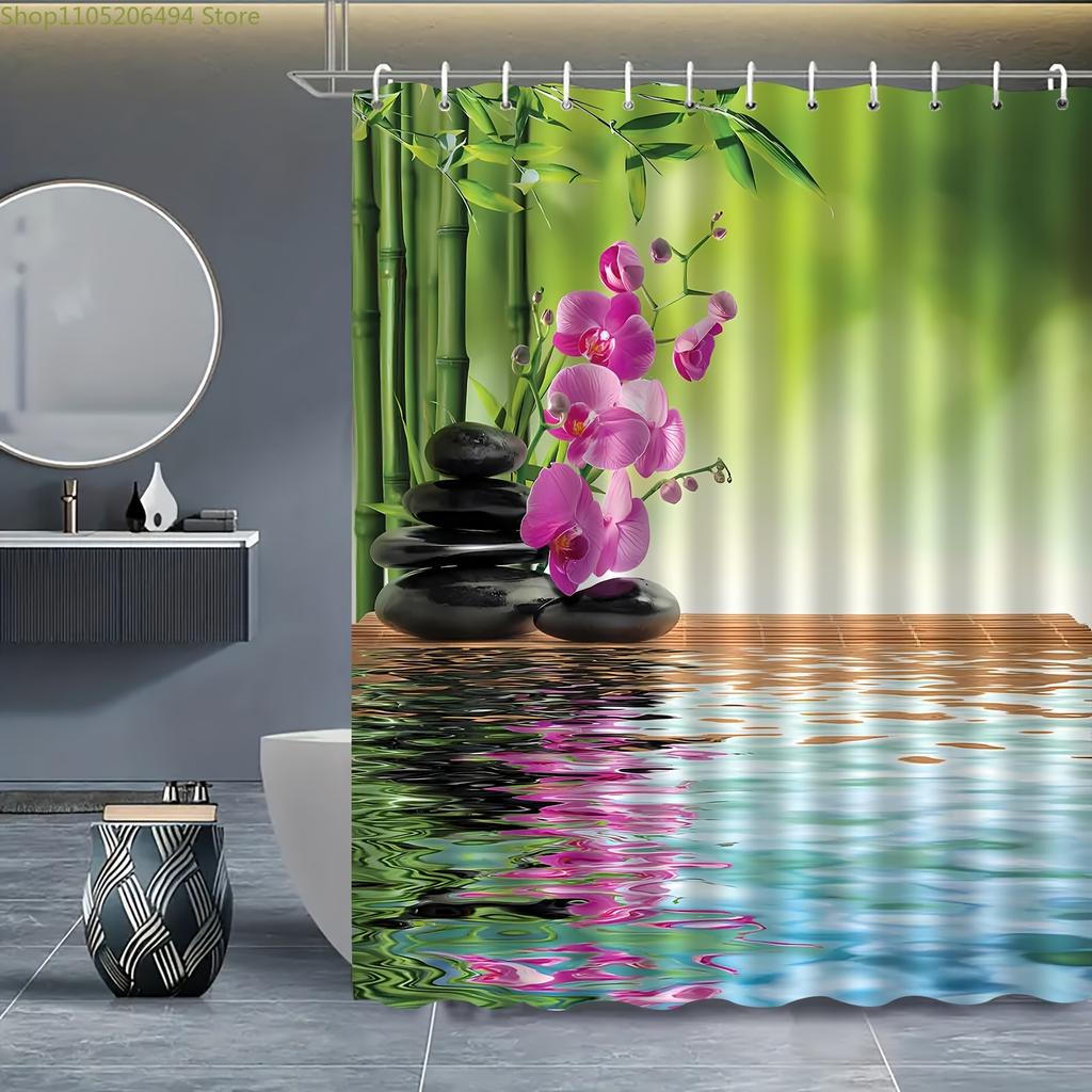 Jit1pc Stone Flower Pattern Print Shower Curtain for Home Bathroom Decoration, Easy Installation, with 12 Hooks Polyester Fabr