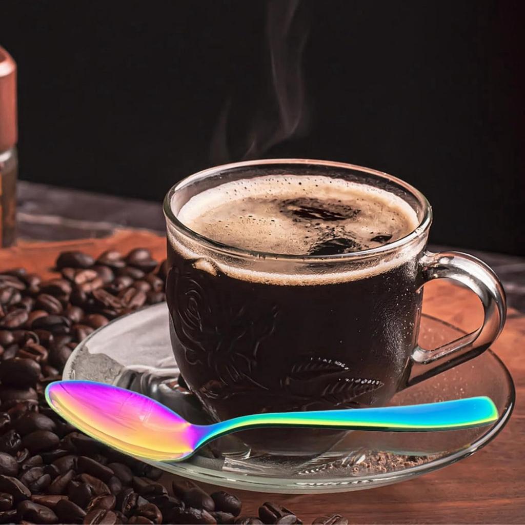 Rainbow Teaspoon Set of 6, 6 inches Mini Stainless Steel Silverware Dessert Spoons Espresso Spoons for Home, Kitchen, Restaurant, Mirror Finish and