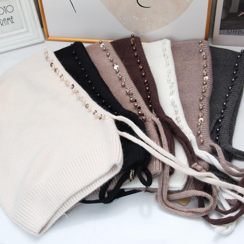 Winter new women's hooded scarf integrated hat pearl hemming thickened knitted hat cold neck protection women's hat