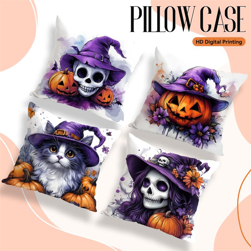 Home Decor Halloween Witch-Themed Skull & Pumpkin Pillows Pattern Cushion Cover Suitable For Sofa Bedroom Car Pillow Cover