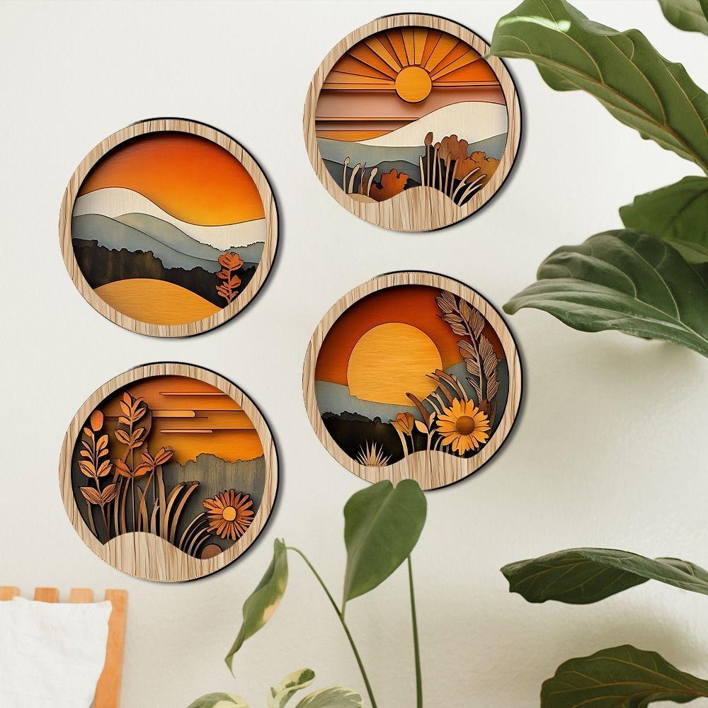 4Pcs Wooden Frames Aesthetic Ornament Round Background Pendant  Bedroom
