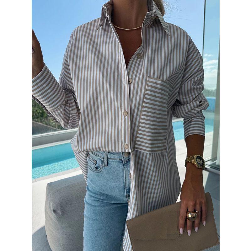 Cross-Border Western Style Spring and Autumn New Fashion Commuter Ol Single-Breasted Stripe Loose Long sleeve Shirts Top Shirt