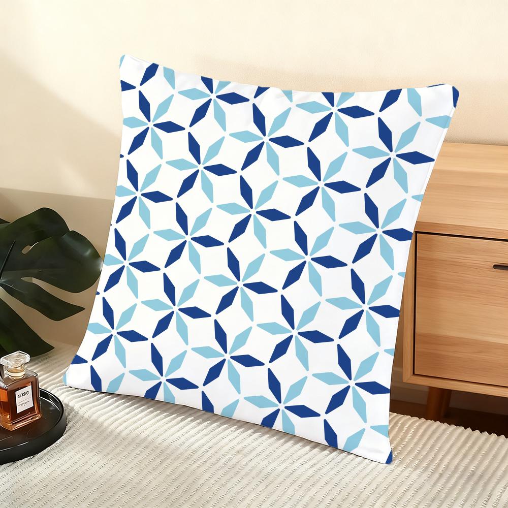 Blue And White Geometric Cushion Cover Soft Short Plush Pillow Cover Smooth Cozy Texture Aesthetic Cushion Case Home Decor