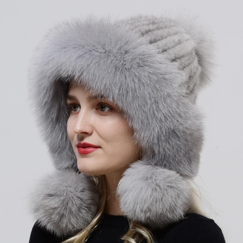 Real Mink Fur Hats Knitted Ear Cap Genuine Warm Snow Fluffy Female Fox Fur Hat Outdoor Luxury Woman Hat