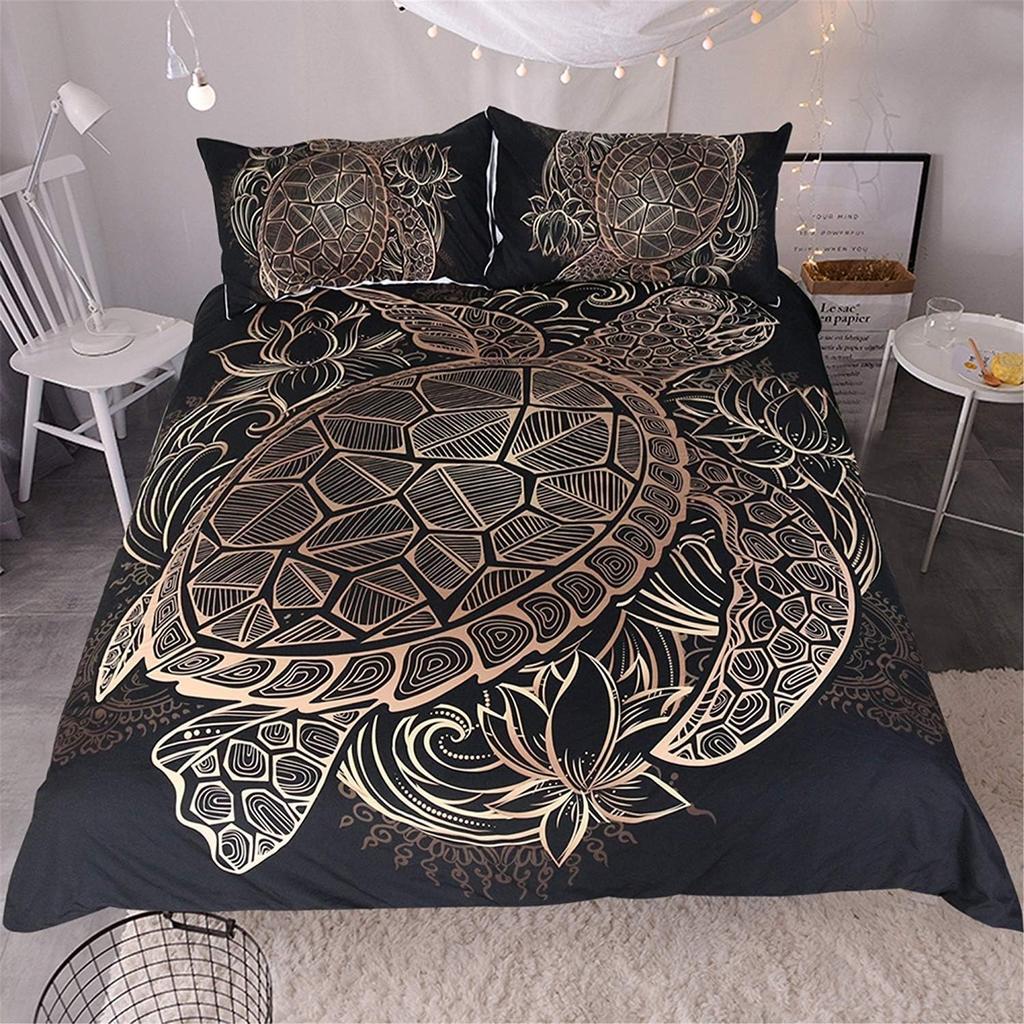Down Comforter Set 3-piece Ultra-fine Fiber 3D Exotic Retro Gold Printed Bedding Set with Zipper Closure Pillowcase Duvet Cover