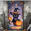 2D Flat Halloween Door Black Cat Witch Hat with Purple Necklace Pumpkin Ghost Starry Sky Pattern Durable Polyester Hanging Decor