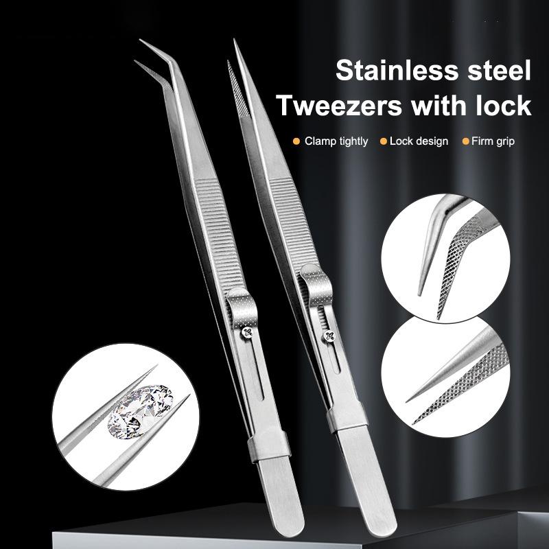 Adjustable Self Clamping Tweezers Jewelry Making Tool Slide Lock Stainless Steel Tweezers Electronic Component Repair Tools