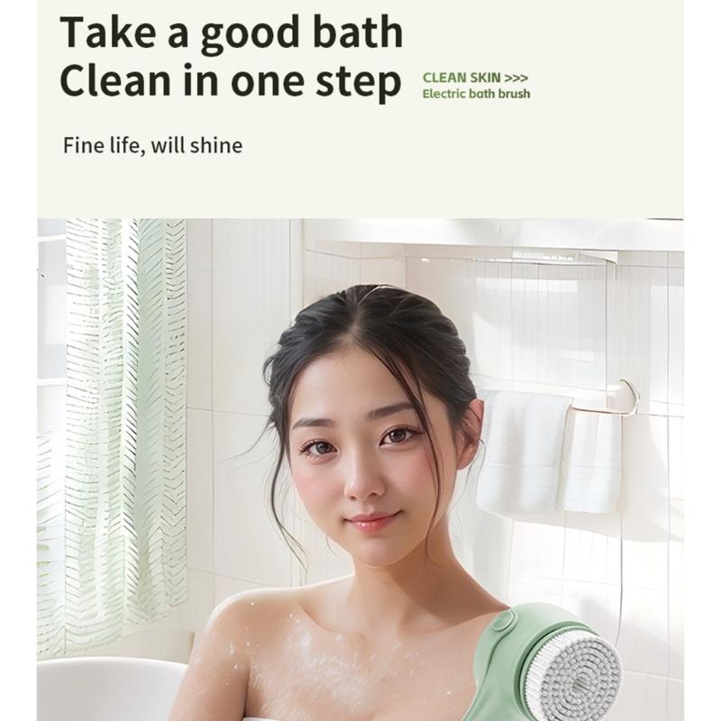 Electric Soft Body Bath Brush Shower Scrubber Double Handle Back Rubbing Machine Long Handle Cleaning Brush Bathroom