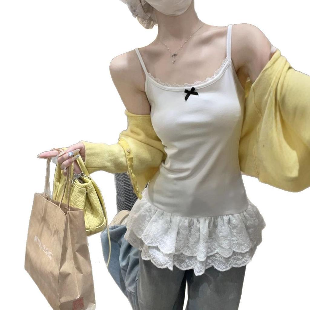 Pure desire bow white lace hem splicing sling vest femininity slim fit inner top summer