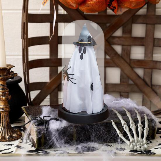 Yousheng Halloween Ghost Decor Light Up Ghost in Glass Cloche with Wood Base Cute Ghost Night Light Decoration for Table Shelf Fireplace Room Decor