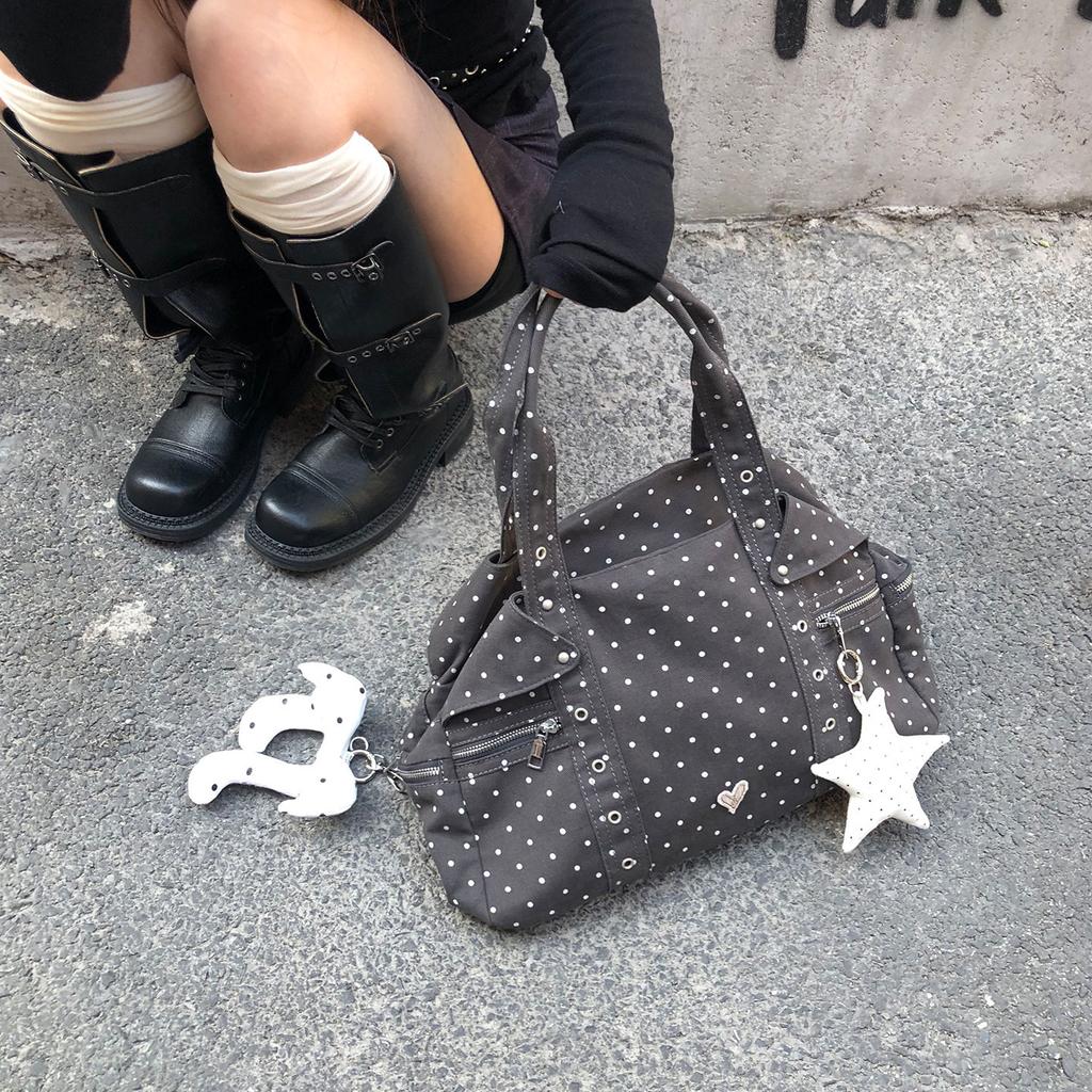 Large Capacity Polka Dot Tote Bag Women's Commuter Casual Shoulder Bag Heart Charm Leisure Bag Soft Canvas Square Shape