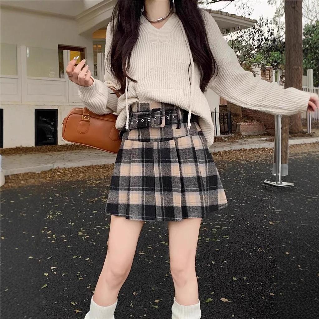 Women's High Waist Plaid Wool A-line Pleated Skirt with Belt - Thickened for Autumn/Winter 2026 Retro Style
