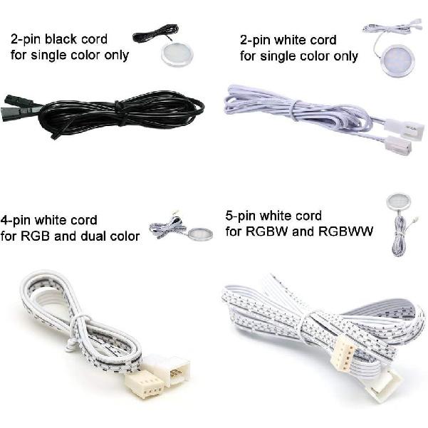 Flexible Extendable Cables for AIBOO LED Under Cabinet Lighting Kit White Cord 60 Inch Extension Cords (2-pin White Cords, 4 Packs)