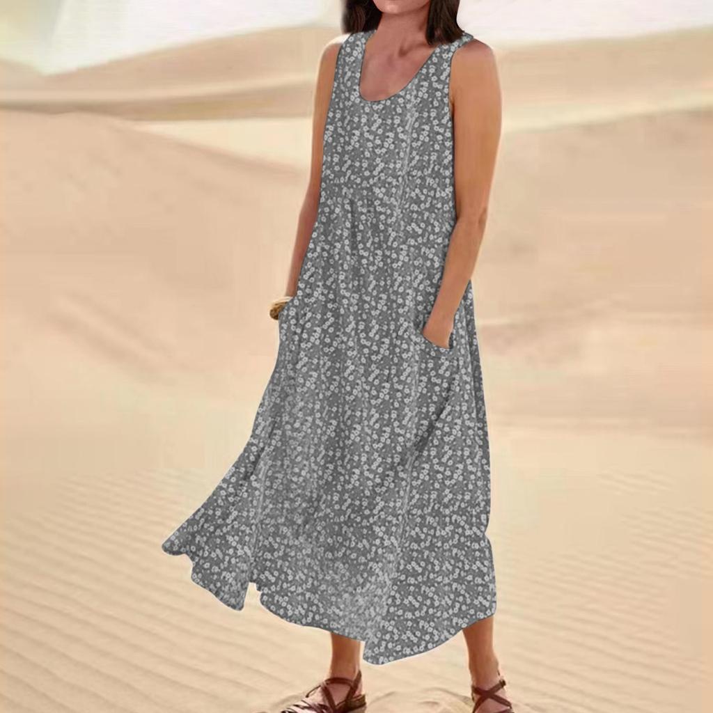 Women's Summer Round Neck Printed Sleeveless Large Swing Dress With Pockets