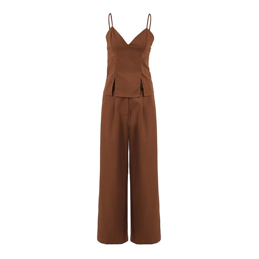 European and American retro brown suspender top and trousers two-piece set women's summer workplace commuter vest set women's clothing