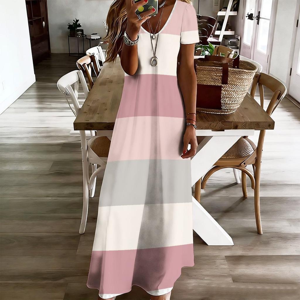 Women Plus Size V Neck Short Sleeve Printed Straight Long Dress