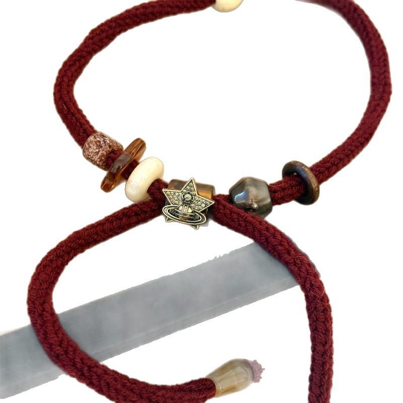 Rhinestone Star Pendant Necklace with Woolen Yarn and Wooden Beads - Women's Fashion Sweater Chain Jewelry