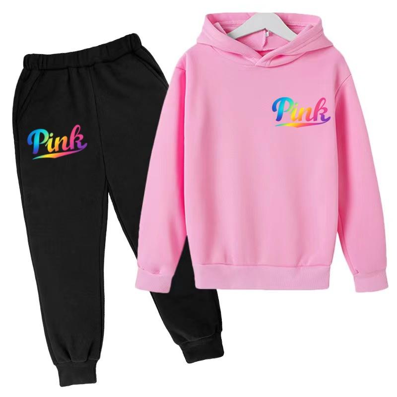 Kids Hoodie Pink Letters Print Coat Boy Girl Toddler 3-12 Years Charming Casual Clothing Top+Pants 2P Leisure Sports Fashion Set