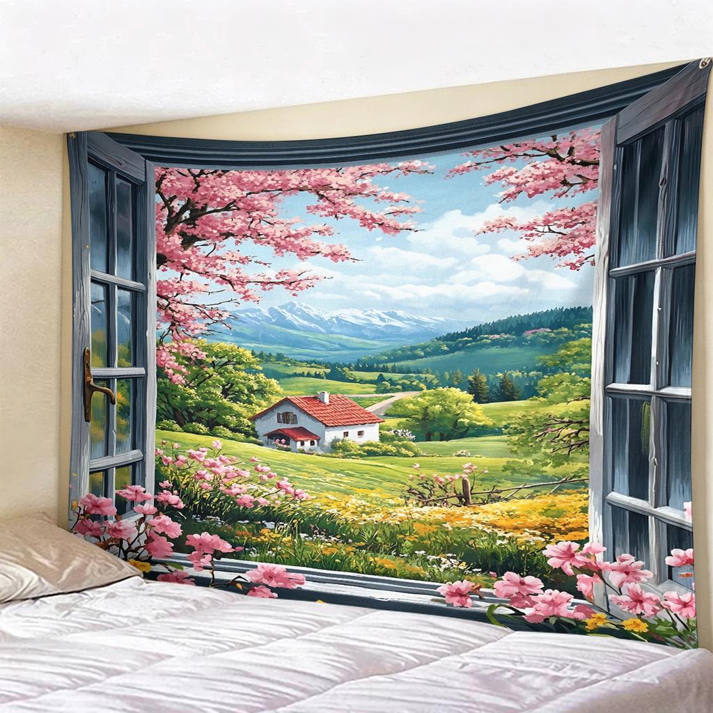 Window View Tapestry Wall Hanging, Scenic Nature Landscape Backdrop, Artificial Window Wall Decor for Bedroom Living Room