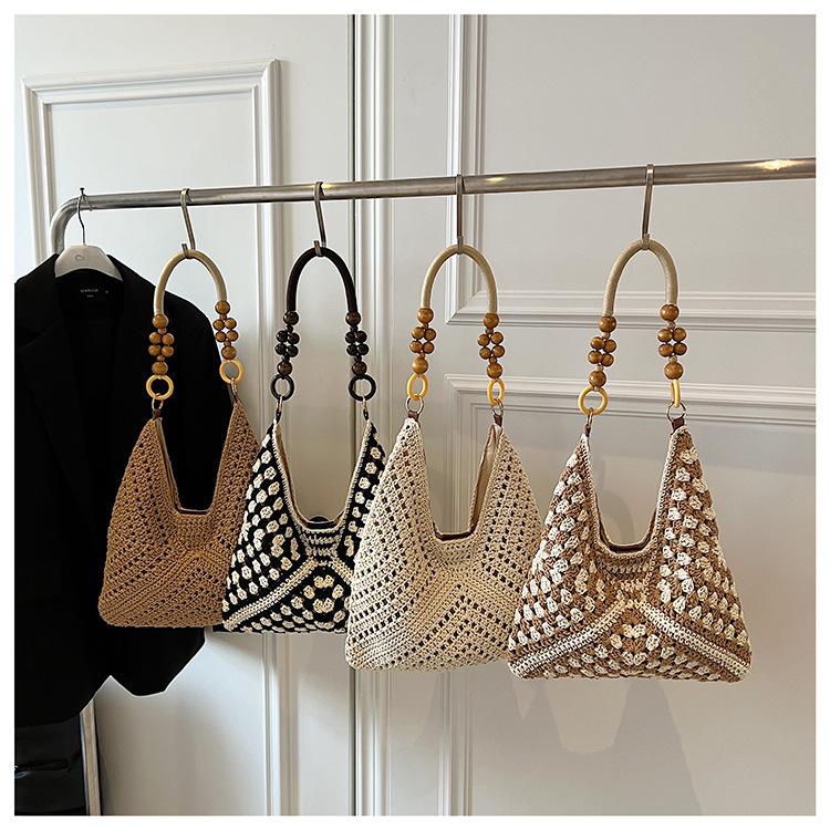 Stricktasche mit großer Kapazität Damen Sommer Neue Holzperlen Gewebte Umhängetasche Wolle Häkel-Einkaufstasche