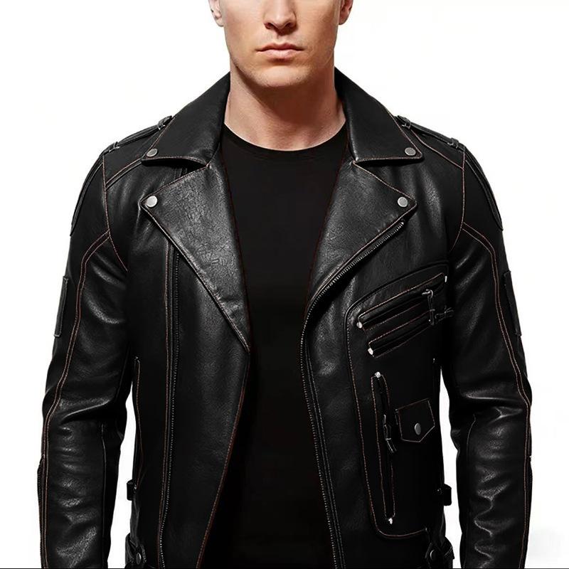 Ji New Men's PU Leather Jacket Bike Jacket Slim Fit Multi-Pocket Zipper Jacket Lapel Trendy Leather Jacket