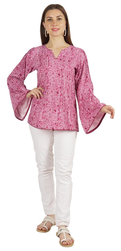 Moomaya Printed Top Full Sleeve Pleated Rayon Kurta Short Tunic Summer Blouse For