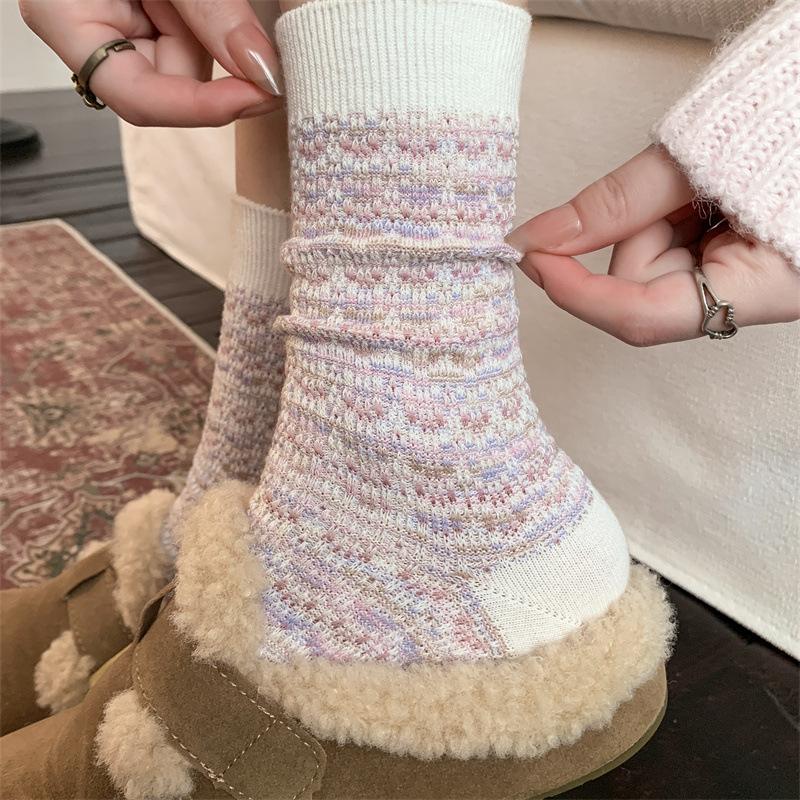 Pure Cotton Socks for Women, Thick and Warm Mid-calf Socks for Autumn and Winter, Double-needle and Double-loop Piled-up Long Socks
