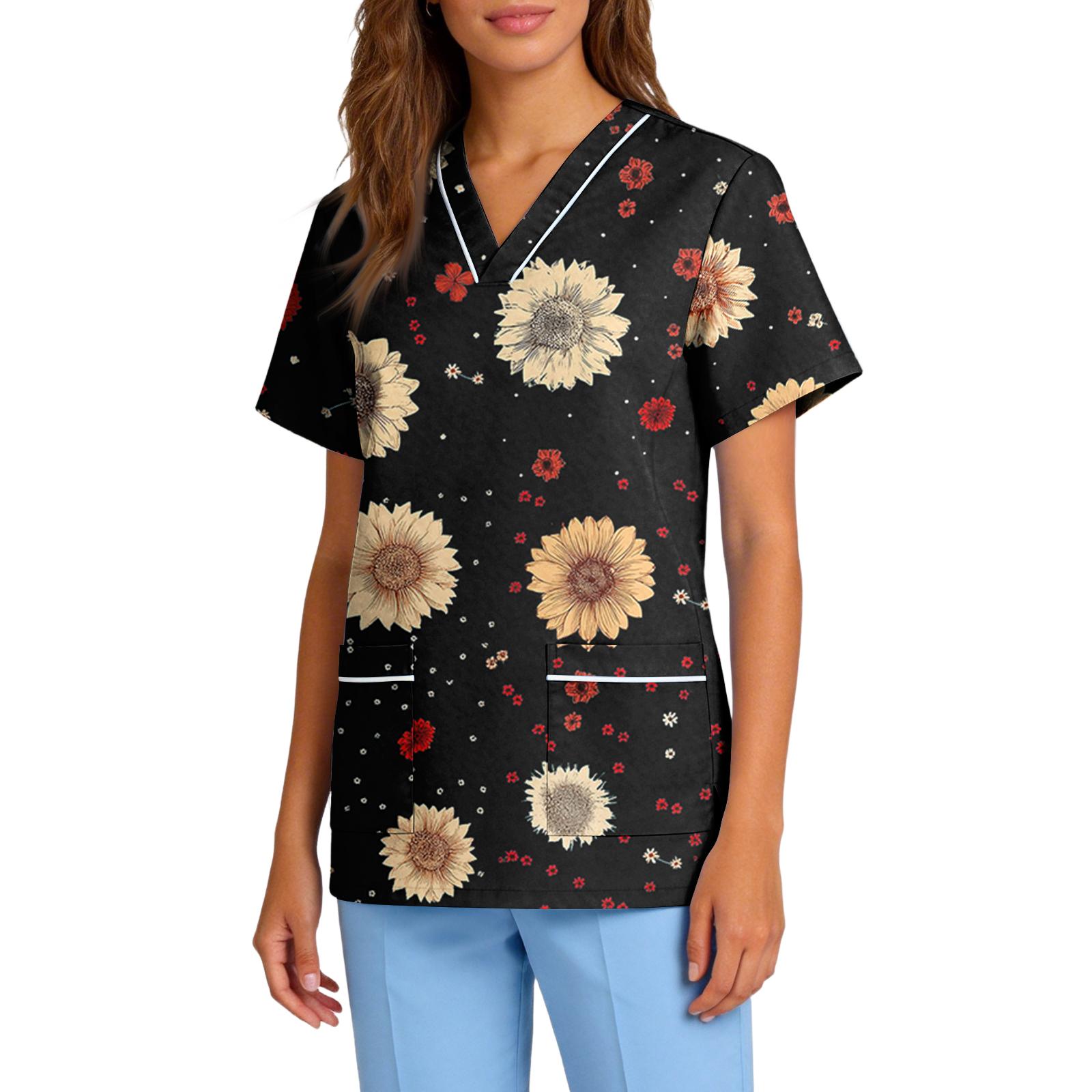 

Women s Stretch Quick-Dry V-Neck Short Sleeve Workwear Top with Botanical Floral Print & Pockets L чёрный